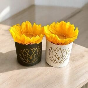 Two cups with yellow flowers on a table.